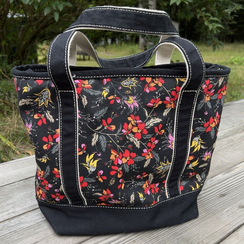 Lands' End Medium Top Zip Floral Canvas Tote Bag Black